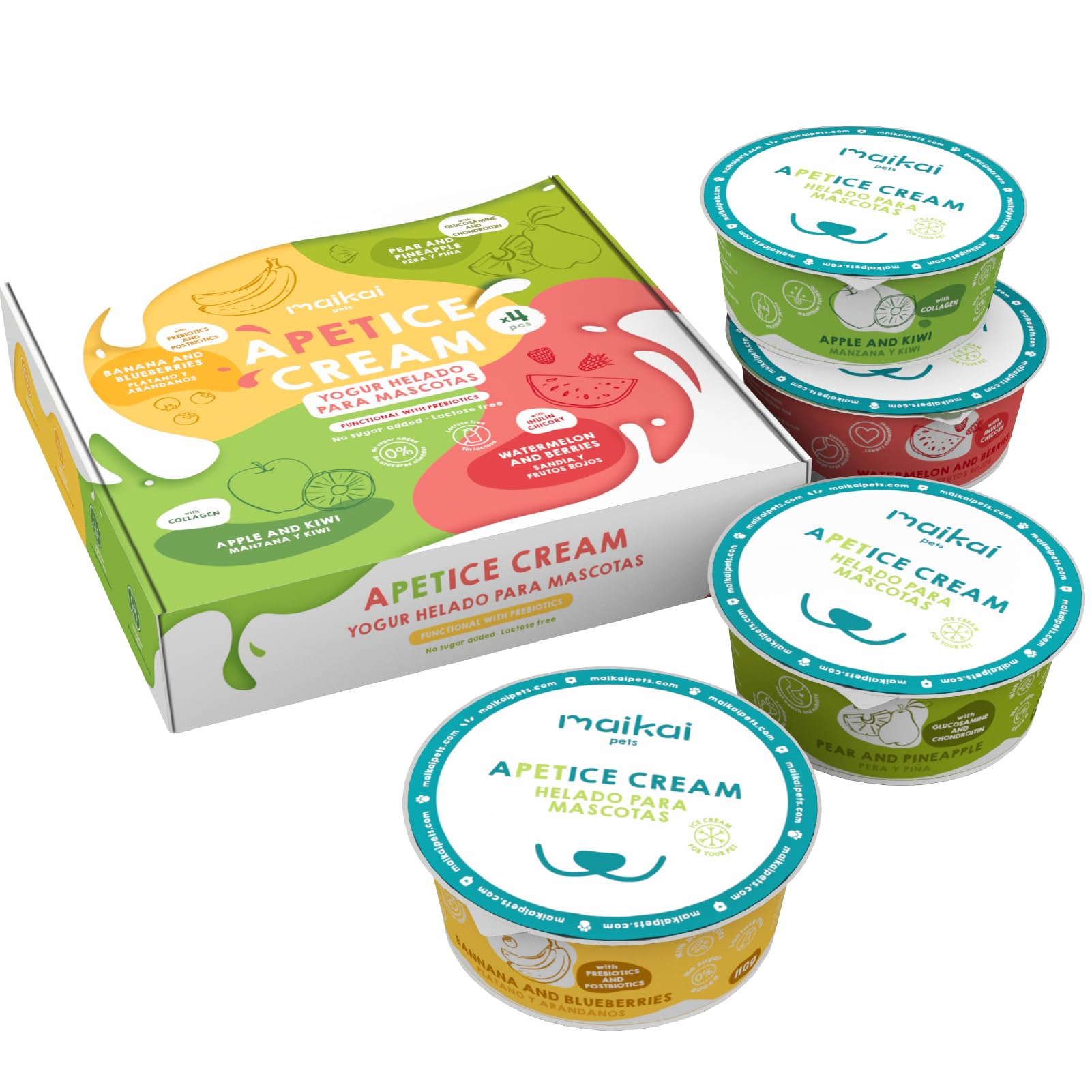 MAIKAI Lot 4 Glaces Rafraîchissantes pour Chiens et Chats – Collagène & Inuline – Friandise sans Lactose Hydratante – Idéale pour Tapis de Léchage – Soutien Articulaire et Digestif