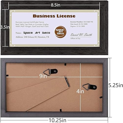 Miniatura 6 de Space Art Deco, Marco texturizado marrón oscuro para licenciascertificados comerciales de 4 x 9, vidrio templado, incluye ganchos en forma de D para