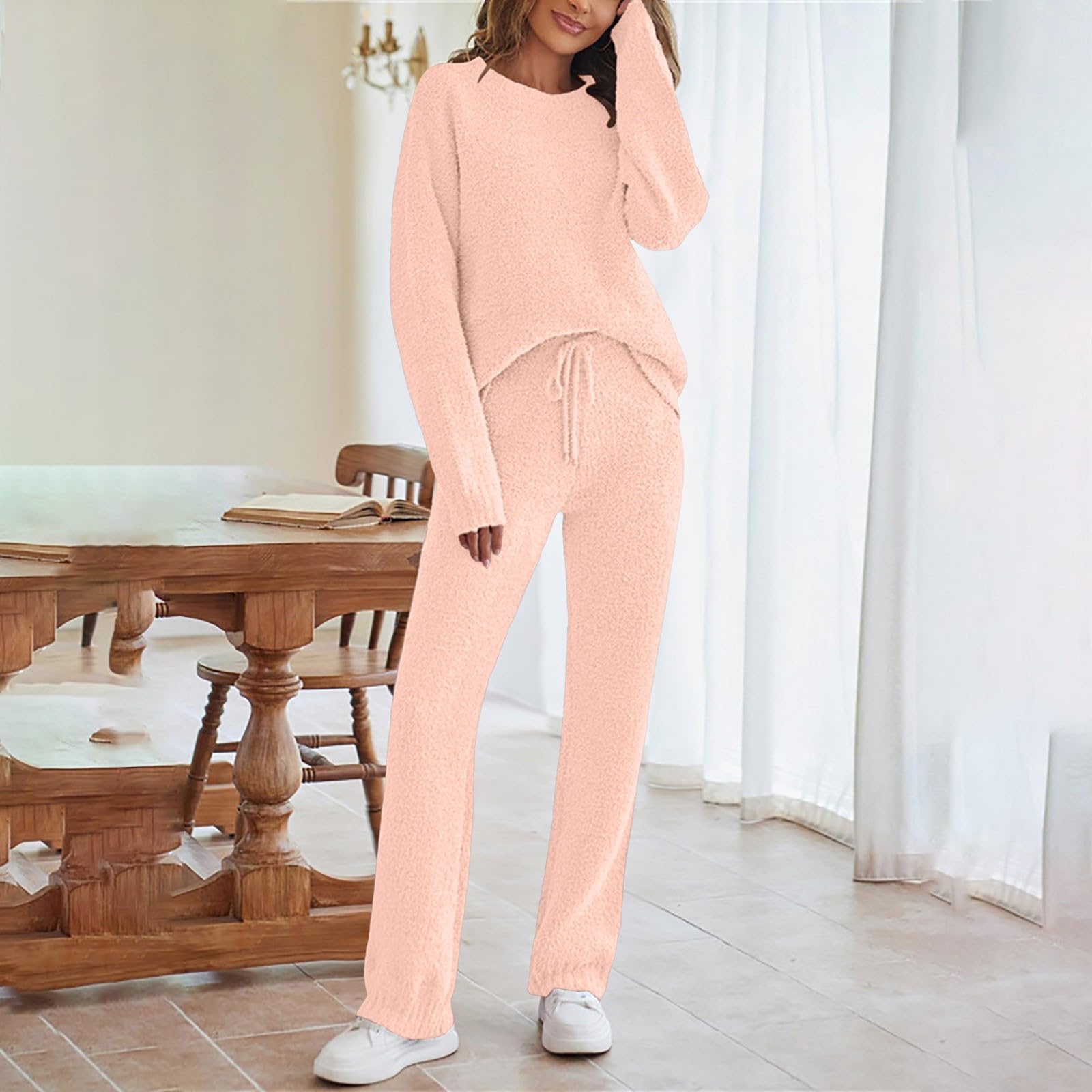 Generisch Herbst Pyjama Damen - Damen Winter Casual Home Loose Verdickte Langarm Warm Schlafanzug Set Hose Loungewear