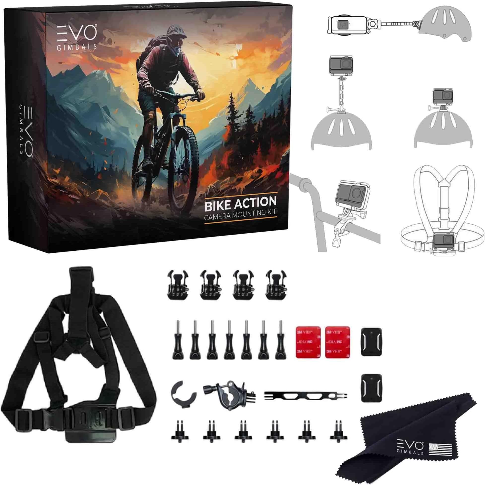 EVO Gimbals Action Camera Bike Bundle - Mounting Kit for Insta360 X5/X4X3/X2, ACE PRO/ACE/ONE R/RS 360 Cameras | Compatible with GO 2/GO 3/3S and DJI OSMO Action 4/3 and GoPro 12/11/10/9/8 Cameras