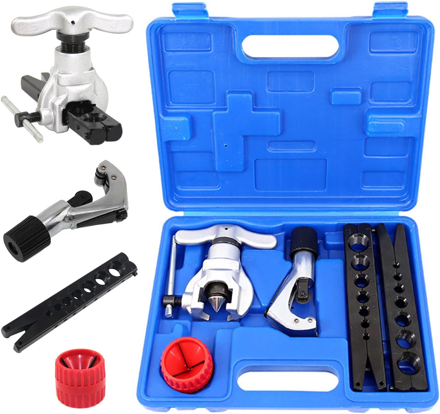 Flaring Tool Kit 3/16”-3/4” and 5-19mm, Single 45° 7 Dies Eccentric Tubing Flare Tool with Clutch Deburring Tool Cutter for Copper Pipe Tube(5 in 1 Set)