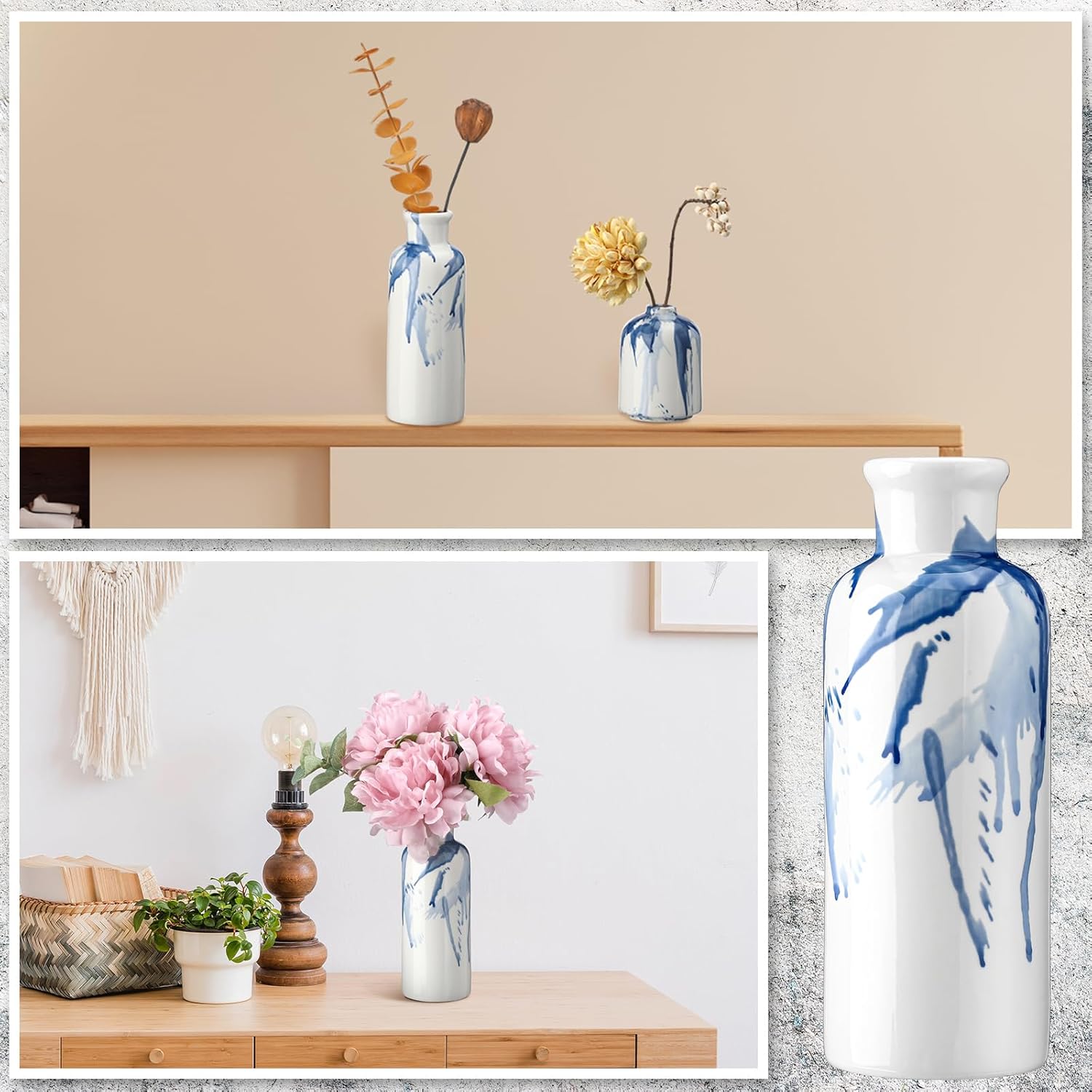 Set of 3 Blue and White Vase Decorative Ink Splash Creative Ceramic Flower Vase Farmhouse Decor for Centerpieces Living Room Home Flowers Kitchen Dining Table Mantel Shelf Gift Bedroom