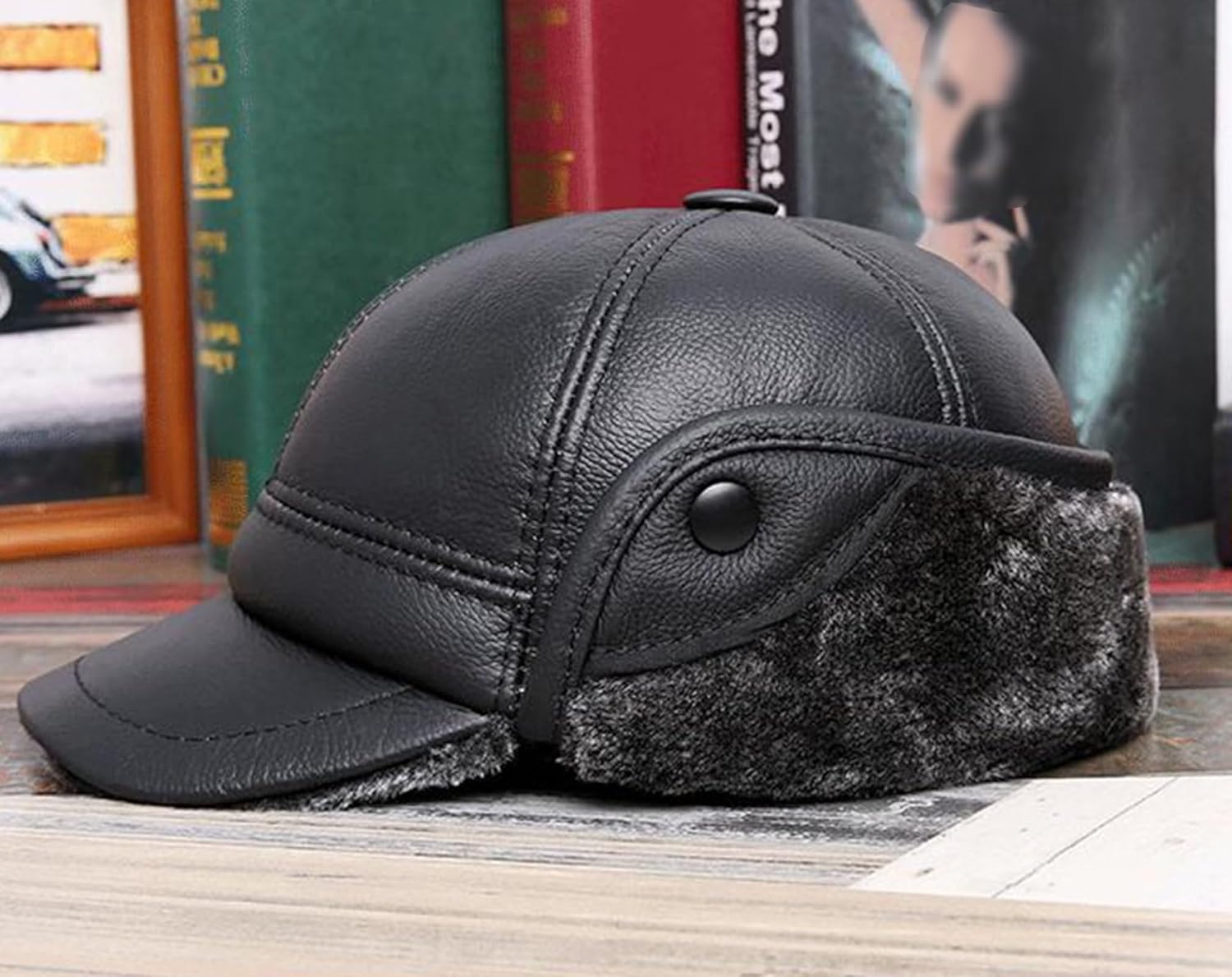 Winter Trapper Hat with Ear Flaps Leather Baseball Cap,Faux Fur Hunting Aviator Pilot Cap,Warm Ski Hat for Men Women,Black-XL