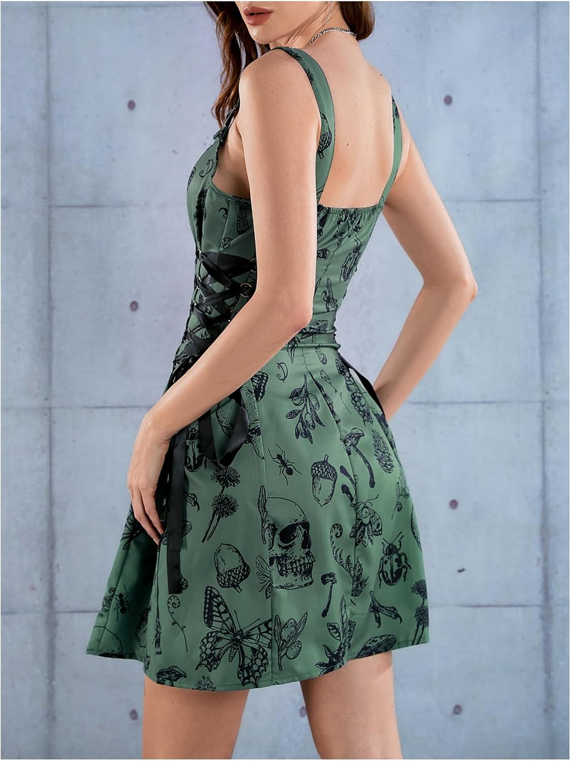 SOLY HUX Women's Gothic Zipper Bodycon Mini Dress Skull Print Tie Up Sleeveless Mini Dresses - Image 2