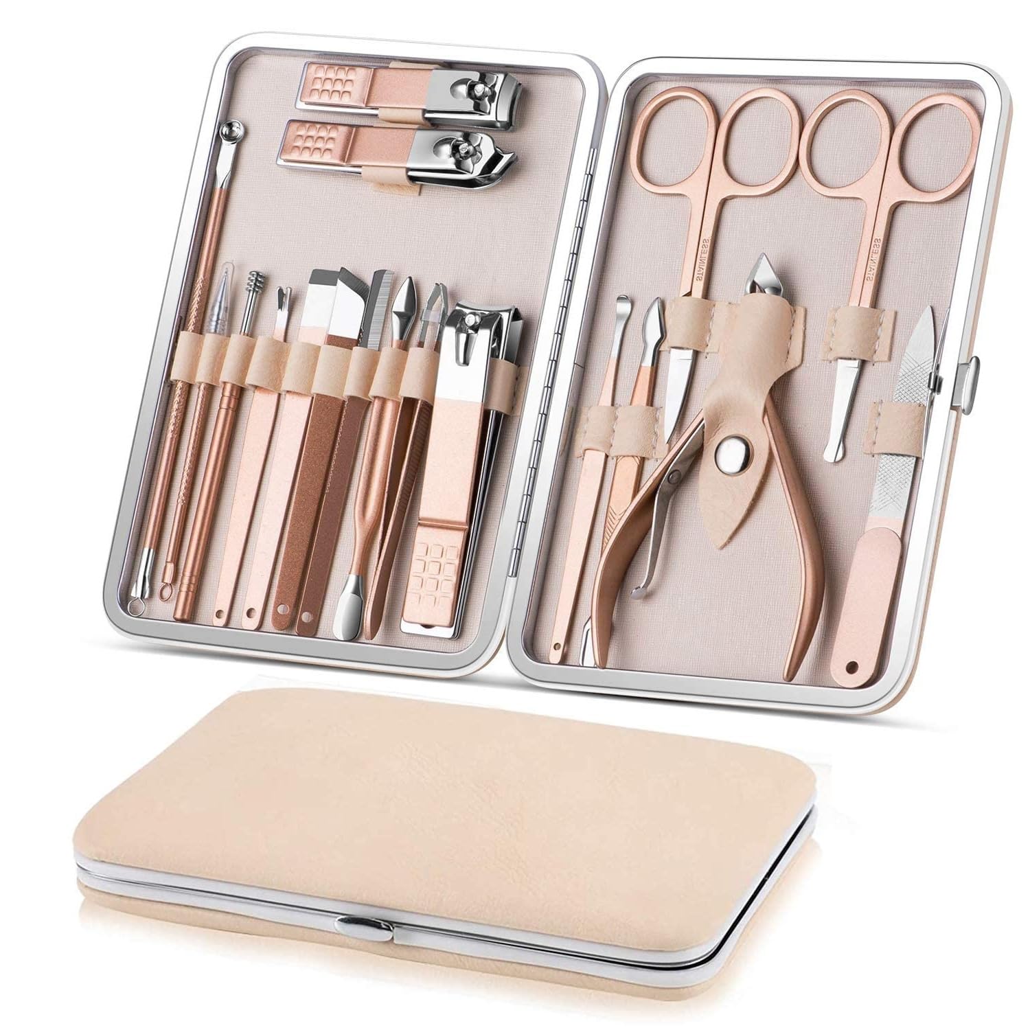 SKYBUCKET Nail Clippers by Skybucket Professional 18 in 1 Manicure Pedicure Kit for Fingernails Toenails Grooming, Stainless Steel with Leather Case (Pink)