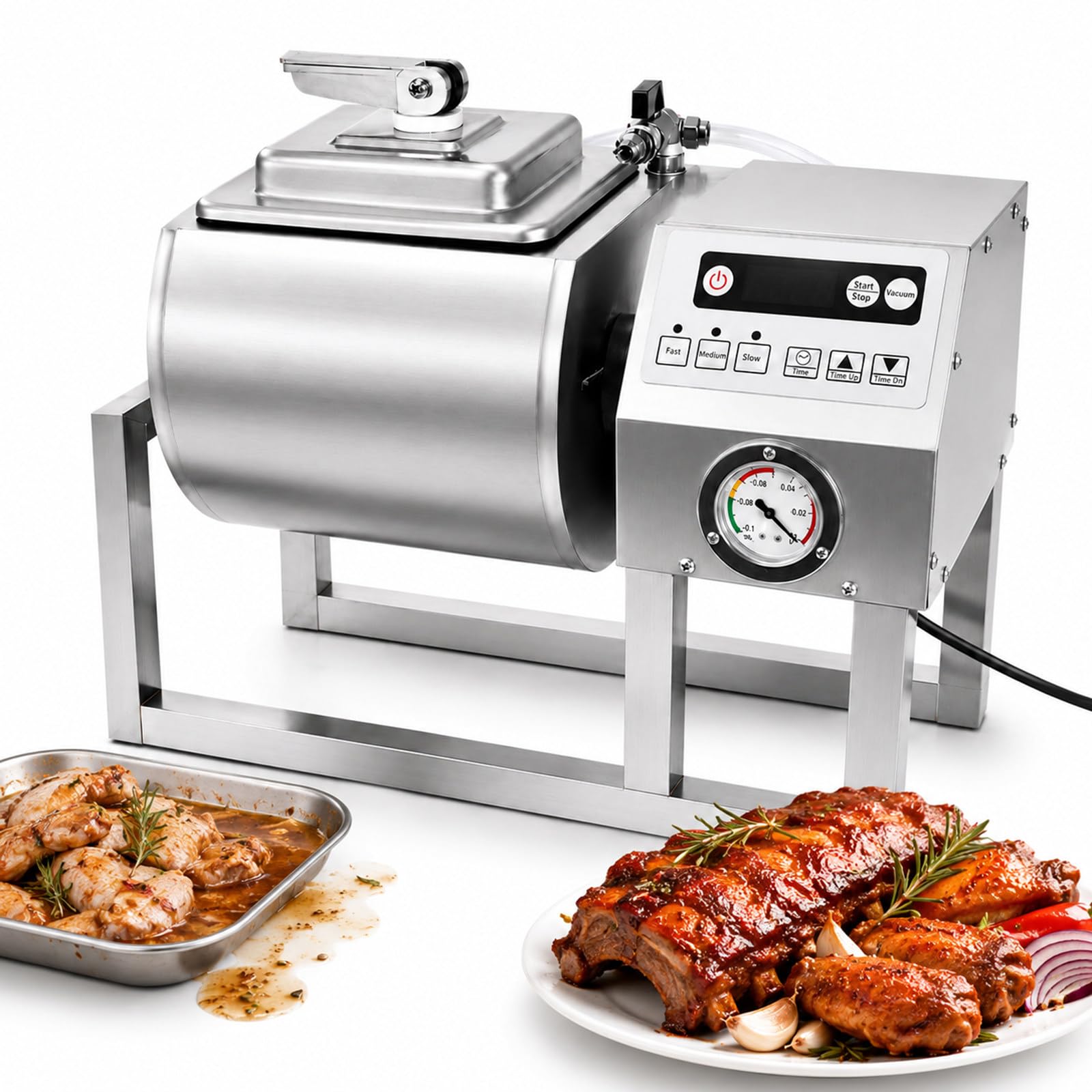 Automatyczny marynator do mięsa, masownica próżniowa do solanki, sosów, skrzydełek z kurczaka, BBQ i masarni z manometrem, timerem i pokrywą