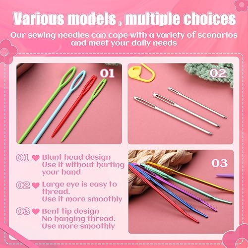 Miniatura 3 de Juego de 55 agujas de hilo coloridas, agujas de tapiz de ojos grandes, kit de agujas de zumbido con agujas romas de ojo grande, agujas de coser de