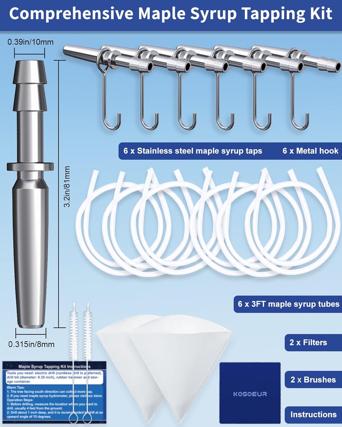 22Pcs Maple Syrup Tapping Kit, Maple Tree Tapping Kit with 6 Stainless Steel Maple Syrup Taps, 6 Maple Syrup Tubes, 6 Hooks, 2 Maple Sap Filters, Tree Sap Tapping Kit for Maple Syrup Making Equipment