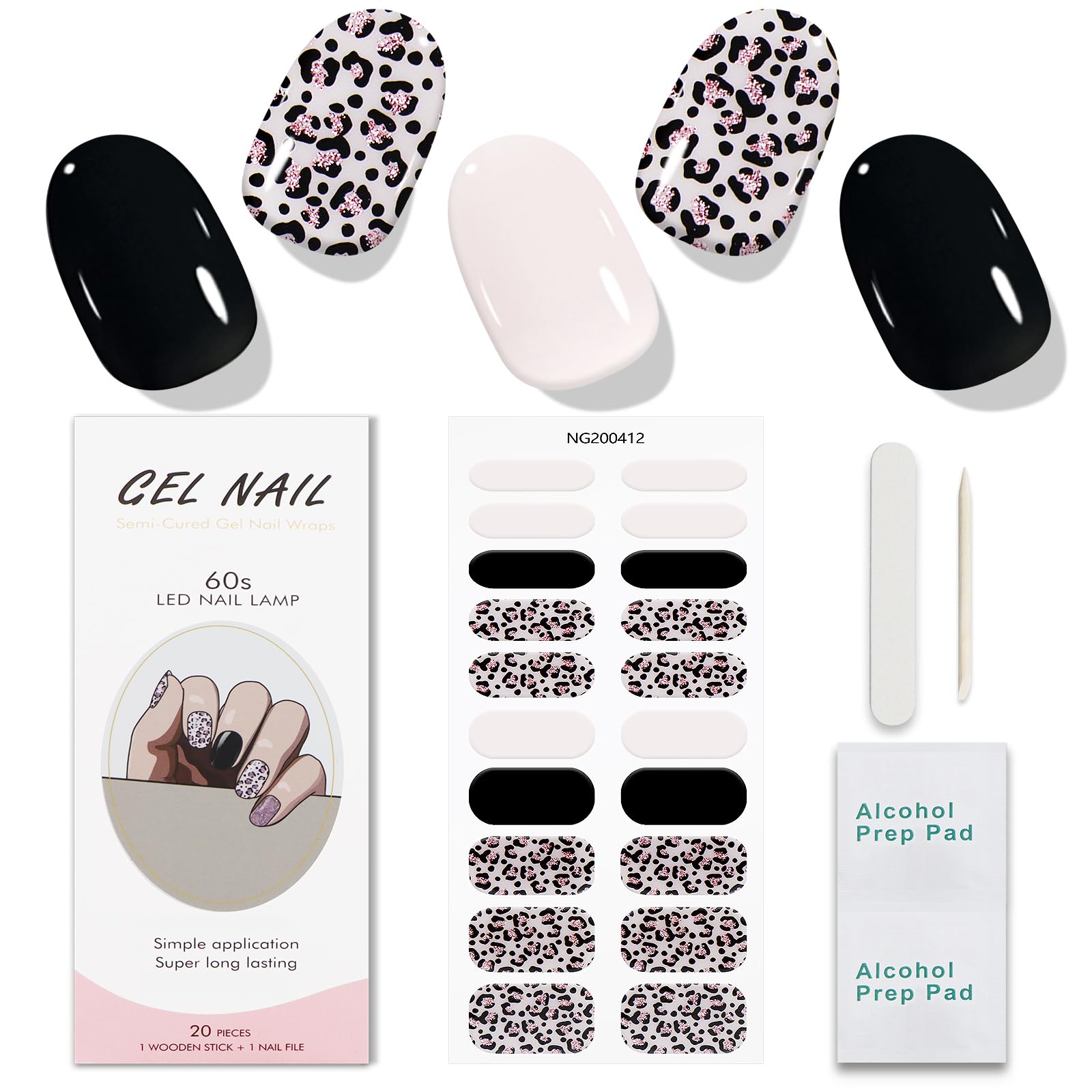 JMEOWIO Gel Nail Stickers Leopard Print Black Semi Cured Gel Nail Strips Wraps UV/LED Nails Art Design Decoration Accessories