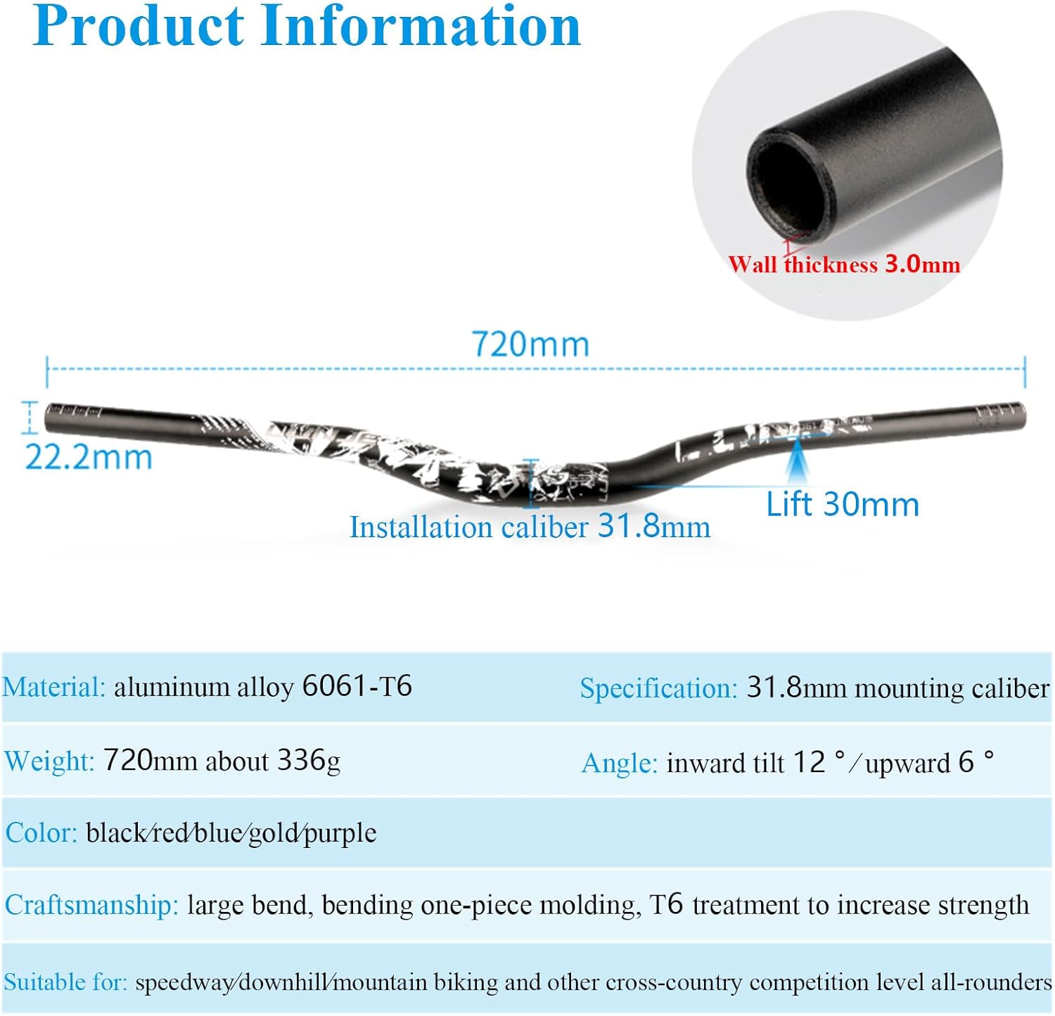 Mountain Bicycle Handlebar, Lightweight Aluminum Alloy Mountain Bicycle Extra Long Handlebar 31.8Mm 720Mm Riser Bar