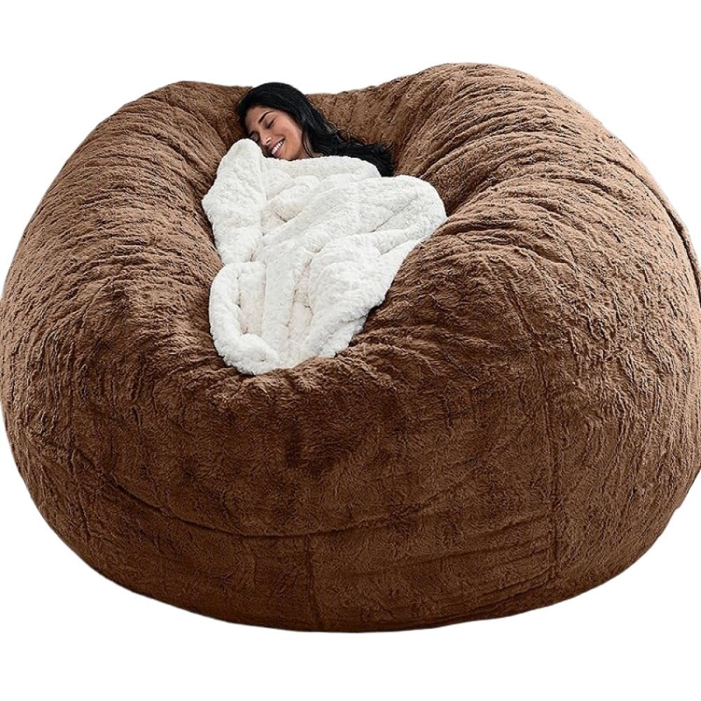 Round Giant Bean Bag Chair Cover for Adults Kids Without Filling, (No Filler) Living Room Furniture Big Soft Fluffy Faux Fur Lazy Sofa Bean Bag Bed Cover (Brown, 5FT)