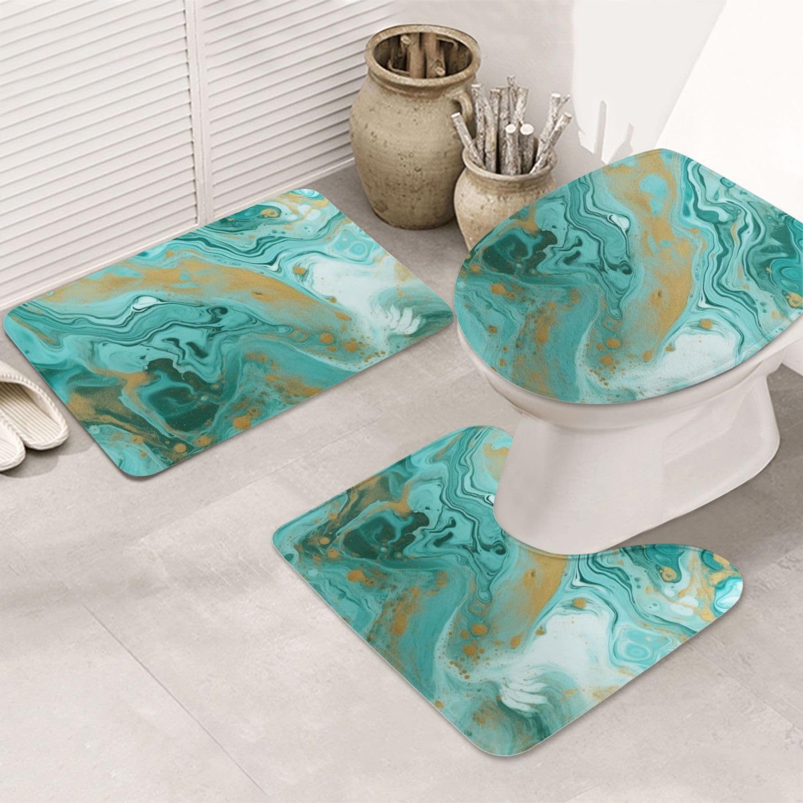 Tapis de salle de bain BONDIJ en marbre bleu sarcelle et doré ensemble de 3 pièces
