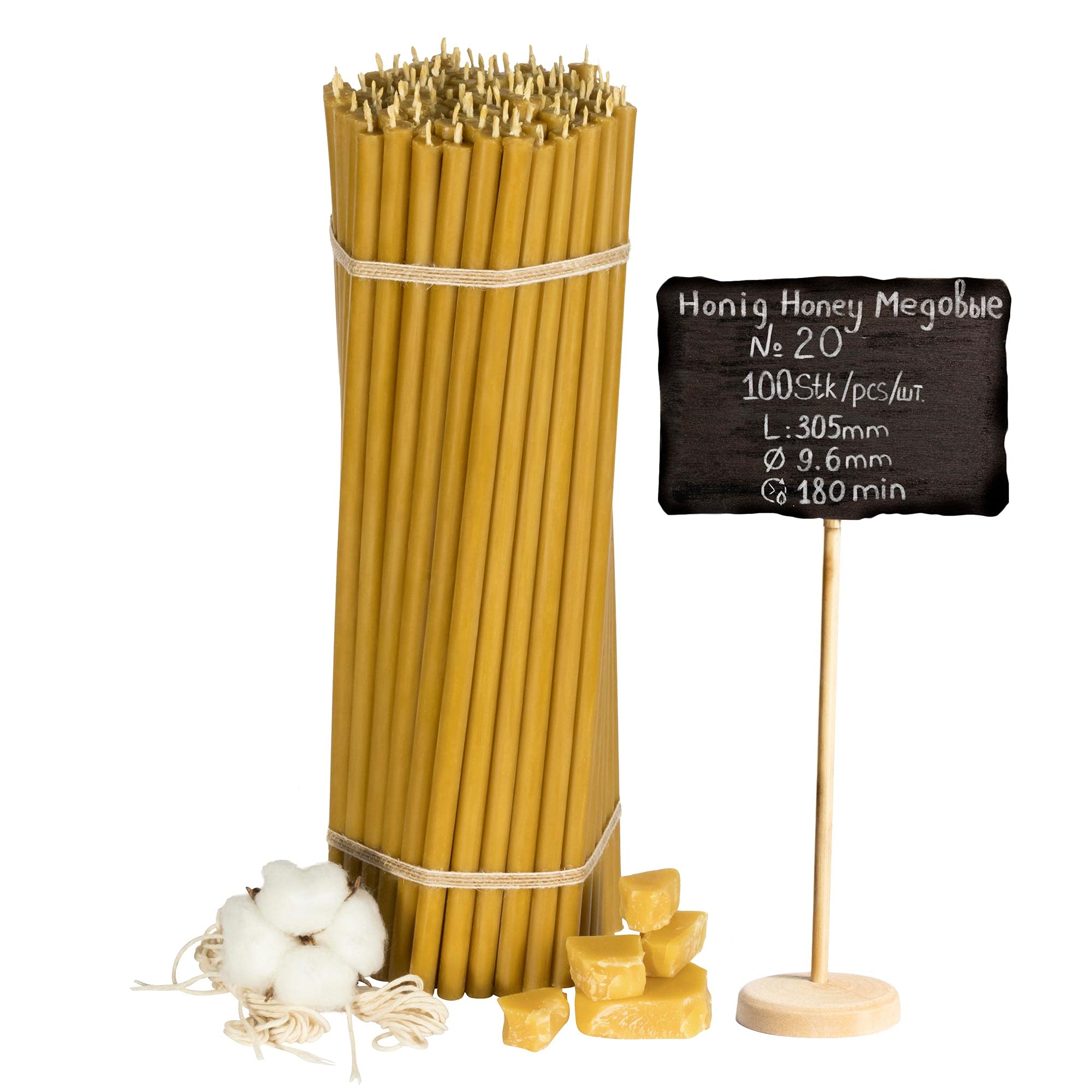 Velas de cera de abeja (100 unidades, 30,5 cm de largo, 9,6 mm de diámetro, duración de combustión: 180 min), natural, sin goteo, sin humo, calidad de iglesia, cera fina de abeja №20