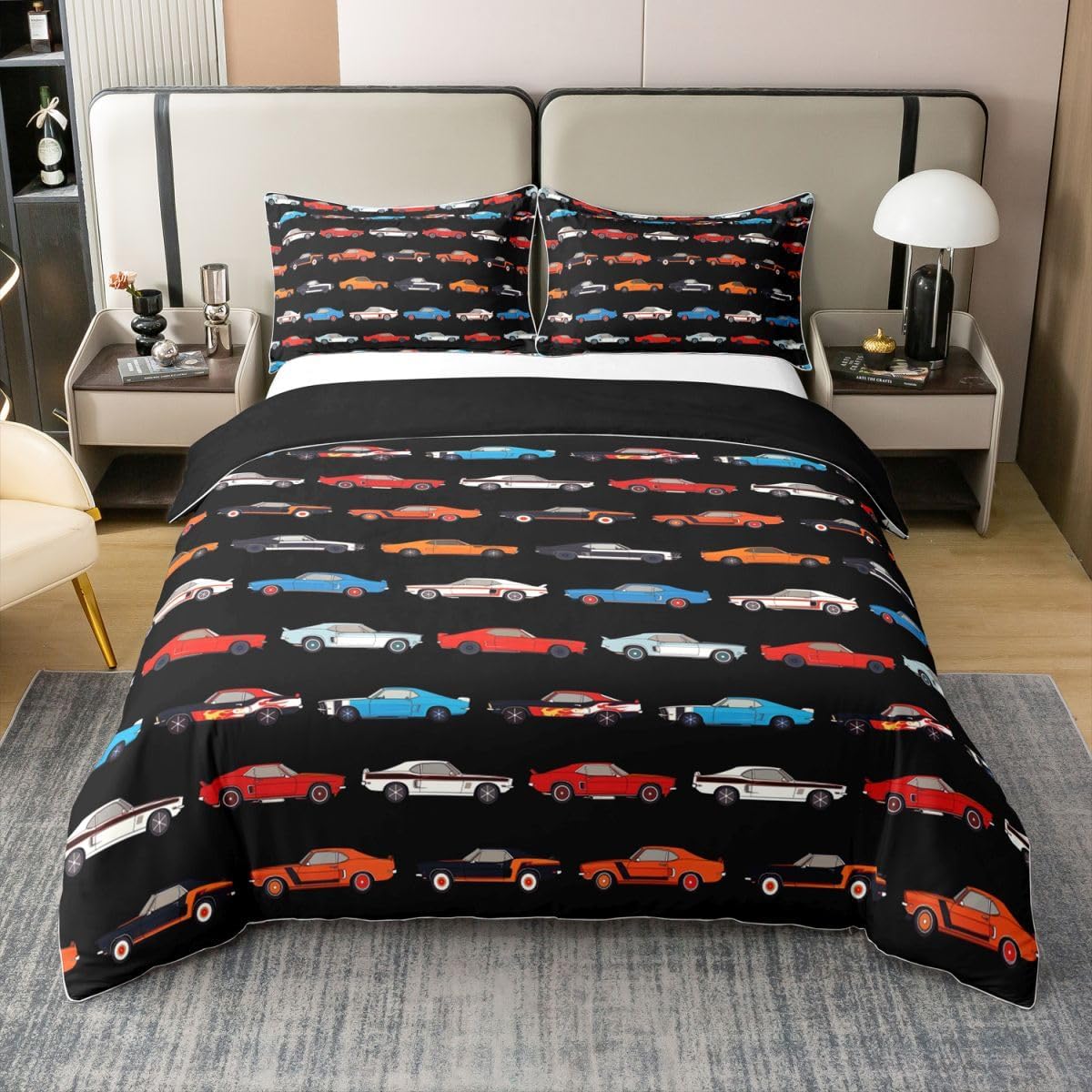 Feelyou Race Car Duvet Cover 100% Cotton Twin Size Boys Girls Black Cartoon Car Bedding Set Breathable Soft Colorful Vehicles Comforter Cover 2Pcs Bedroom Decor Microfiber Zipper Closure