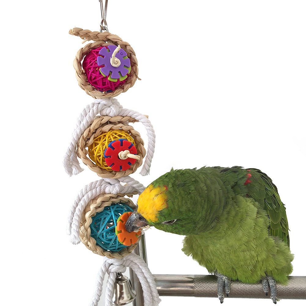 Papageien-Kauspielzeug Mit Rattanball & Glocke – 2 Designs, Für Aras, Graupapageien, Wellensittiche