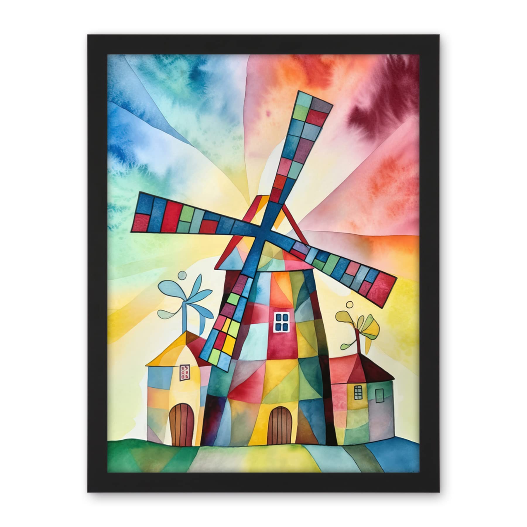 Artery8 Windmill Folk Art Abstract Bright Artwork Framed Wall Art Print 18X24 Inch