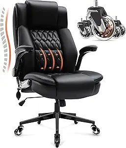 Large High Back Office Chair - Adjustable Lumbar Support, Flip Up Arms, Heavy Duty Metal Base, Breathable Bonded Leather, 2 Storage Bags, Black