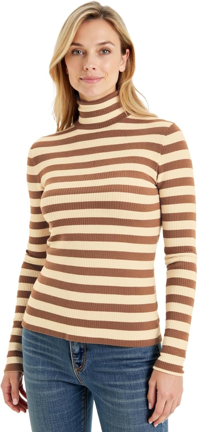 Women's Turtleneck Long Sleeve Top, Striped High Neck Shirt Baselayer Ribbed Stripes Slim Fitted Tee Stretchy - Image 2