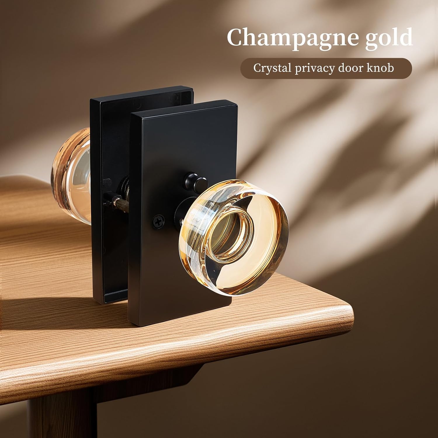 Champagne Privacy Glass Door Knob – Crystal Interior Lock with Matte Black Rectangular Rosette – Elegant Bathroom & Bedroom Door Handle for Modern or Vintage Home Décor