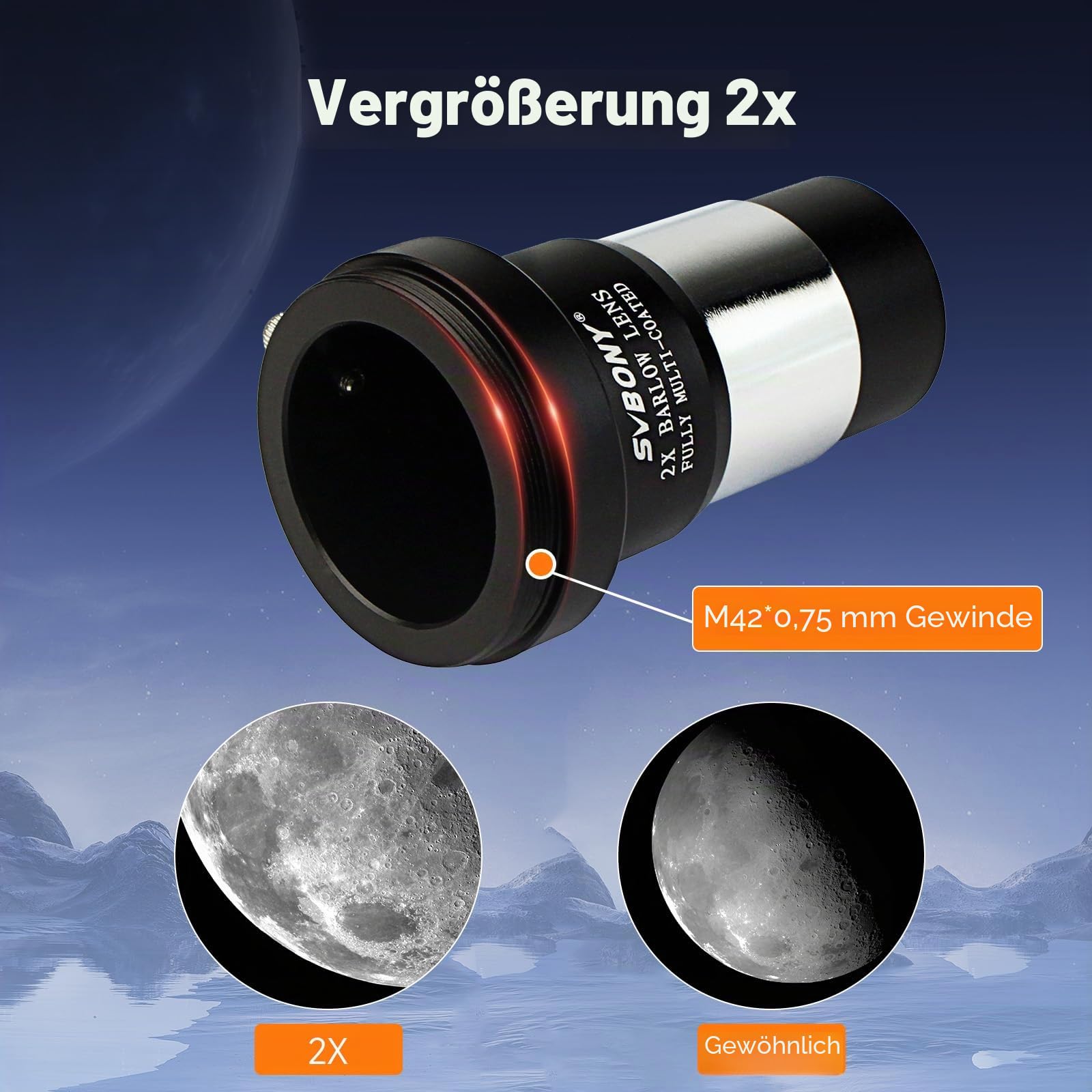 Svbony Okular Teleskop 40mm, 40° Plössl Okular mit Barlowlinsen 2x, M42 Gewinde für T Adapter, Beide sind 1,25 Zoll und FMC-Objektiv für Mondes Milchstraße Planetenbeobachtung Teleskop DSLR Fotografie