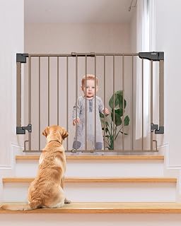Cumbor 29.2-43" Extra Wide Baby Gate for Stairs - Drill-Mounted No Trip Bar Dog Gate, Auto Close Walk-Thru, Toddler Pet Proof (Brown)