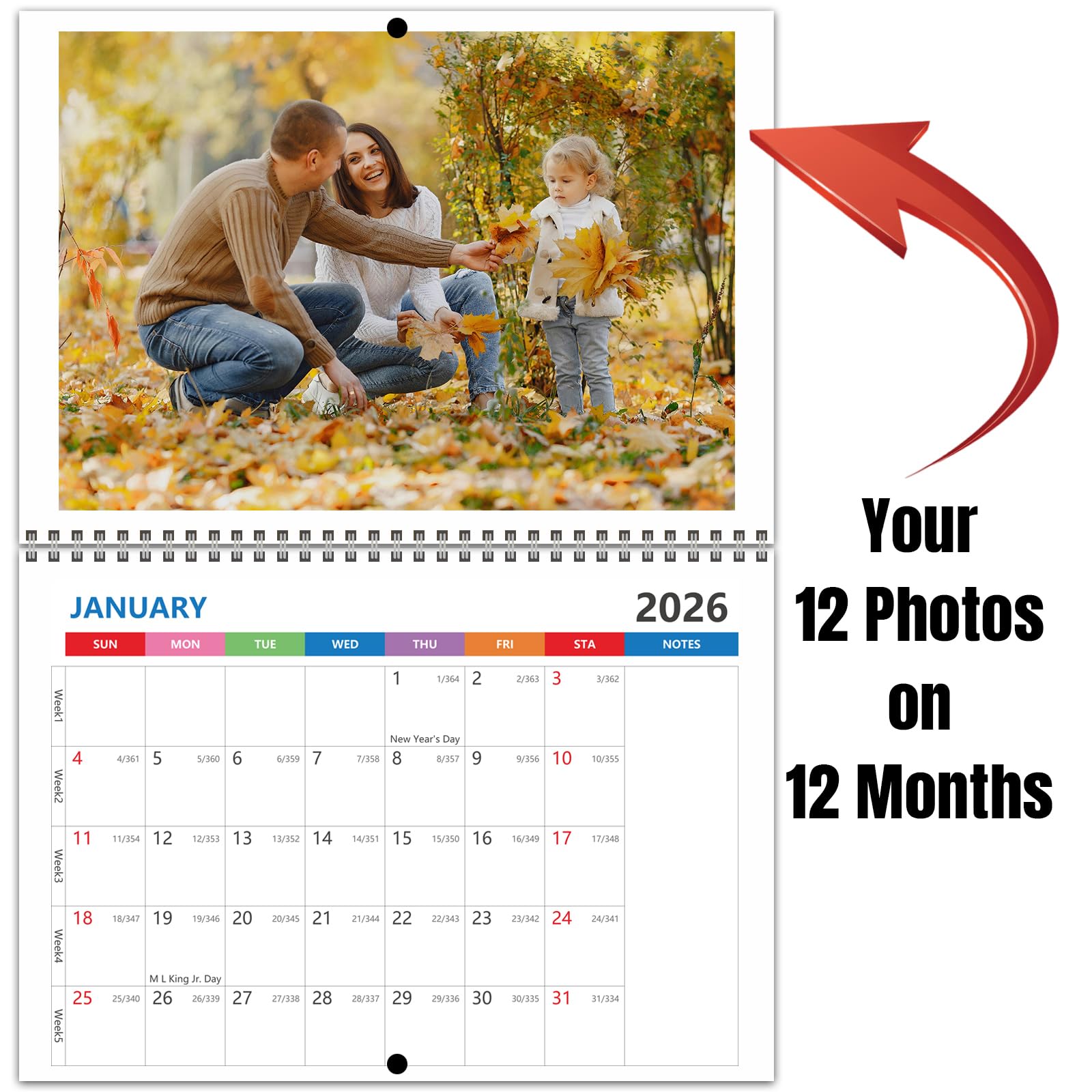 Custom 2026 Photo Wall Calendar, 11x17" Suitable for Home and Office - Print Your 12 Pictures to Create Your Own Personalized Calendar - Customized Christmas Gift
