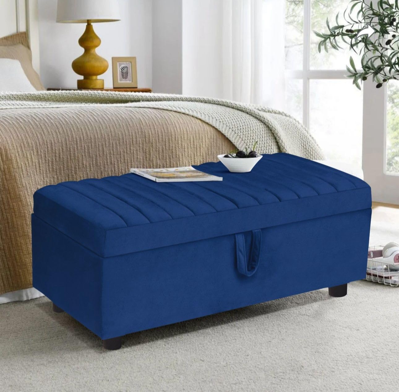 LEGACY OF COMFORT Artisan Storage Ottoman Velvet Storage Bench 2 Seater Sofa Upholstered Ottoman Bench with Storage for Living Room Bedroom (Navy Blue)-image-21