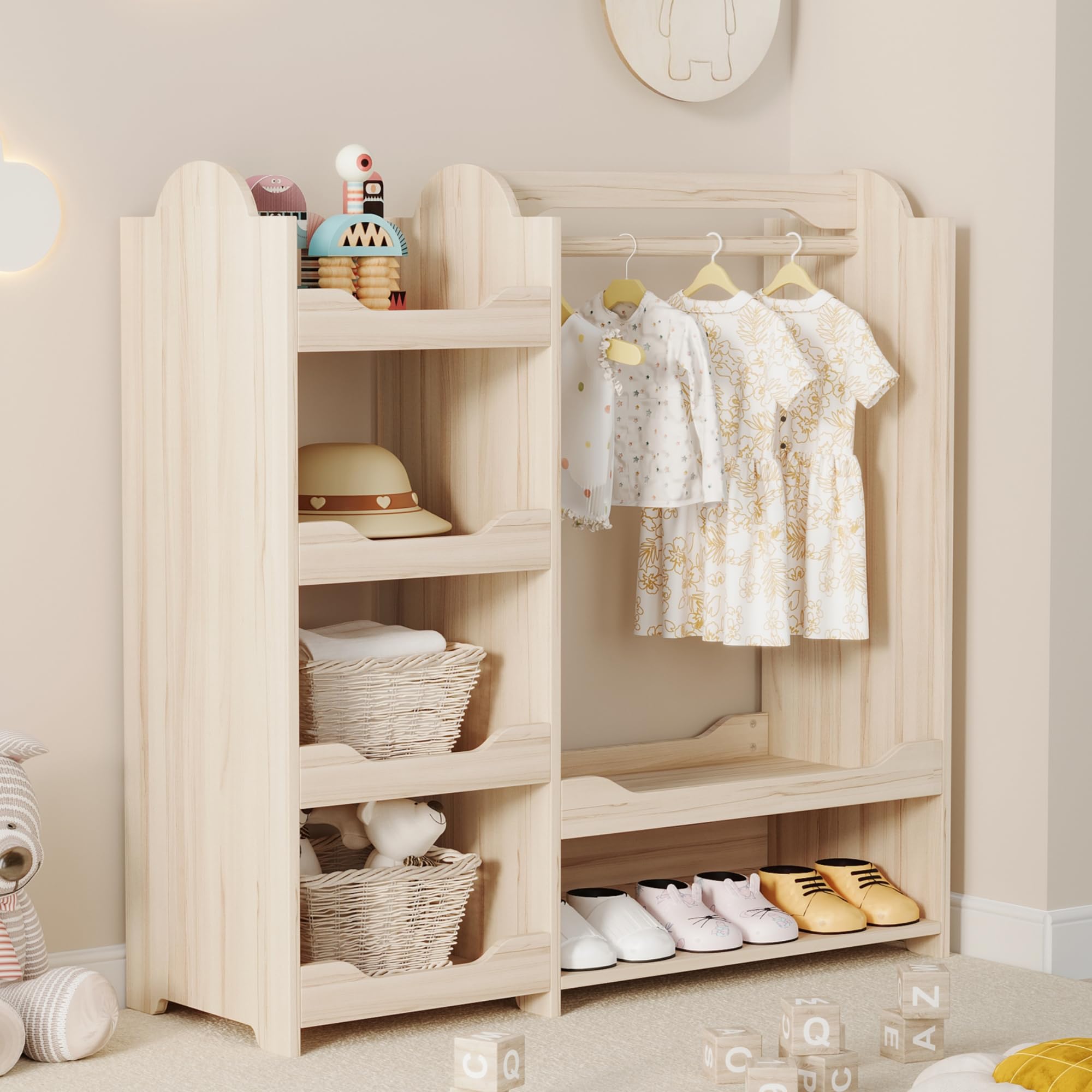 Garderoba dziecięca z drążkiem na ubrania i 4 półkami, naturalne drewno, MDF, 110 x 39 x 110 cm, do pokoju dziecięcego