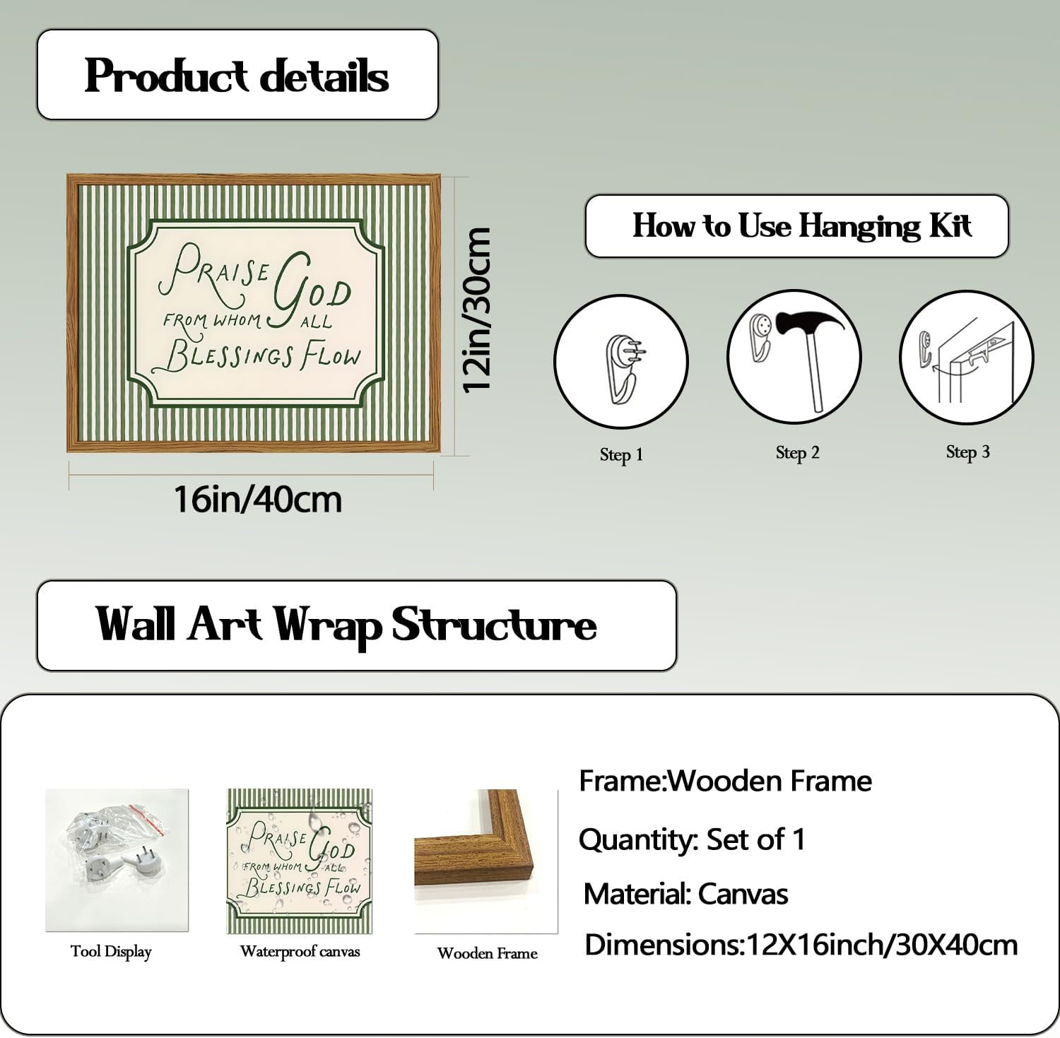 Framed Christian Scripture Wall Art, Bible Verse Pictures Wall Decor, Sage Green Striped Praise God From Whom All Blessings Flow Paintings Canvas Prints Religious Home Decor for Living Room 12x16 inch