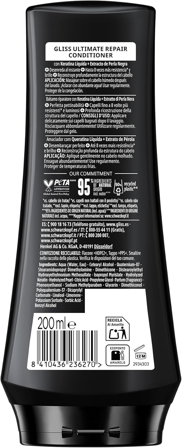 Schwarzkopf Gliss Ultimate Repair Balsamo Riparatore 200ml, Balsamo con Keratina Liquida ed Estratto di Perla Nera, Trattamento alla Cheratina per Capelli Danneggiati e Secchi, Confezione da 6 1.2 l (Confezione da 1) - Immagine 3