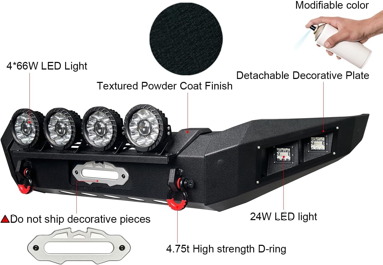 Front Bumper Compatible with Toyota Tundra 2007-2013 w/8 Aluminum Lights & D-Ring & Winch Plate,〔Black Textured Steel〕