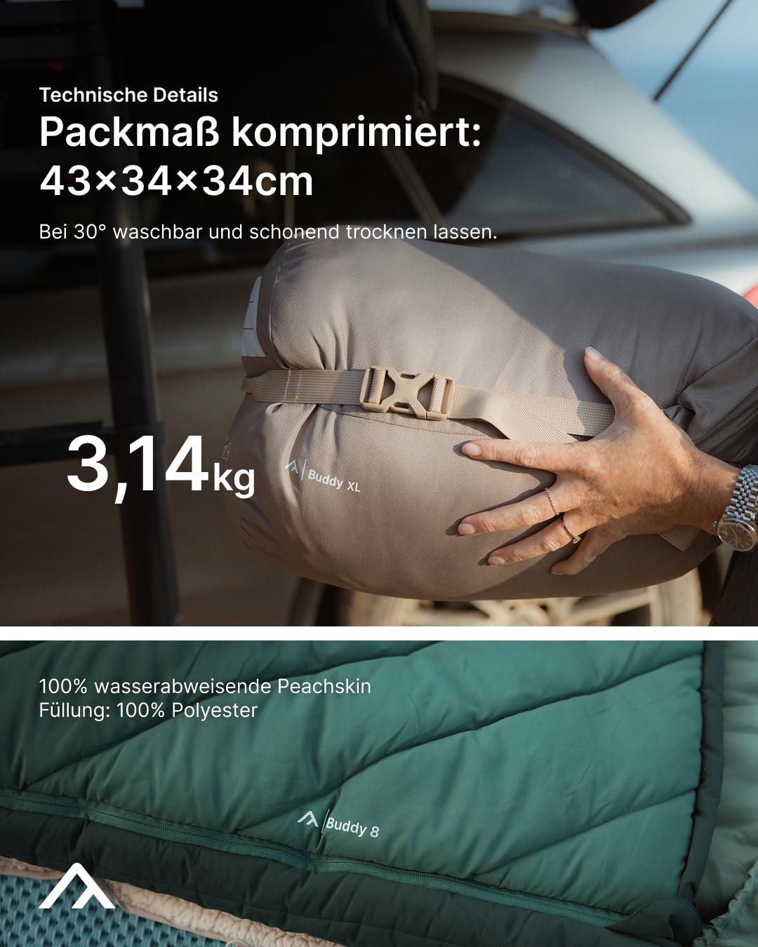 qeedo Buddy XL 8 Schlafsack XXL, extra breit, Outdoor Sommer (8-25°C) 3 Jahreszeiten - Mumienschlafsack Erwachsene & Jugendliche (bis 220cm), Peach-Skin-Oberfläche