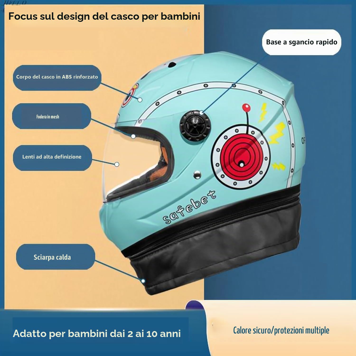 Casco da Moto per Bambini Casco da Moto Integrale con Visiera Adatto per Bambini da 2 a 10 Anni Simpatico Casco da Cartone Animato per Ragazzi e Ragazze per Tutte Le Stagioni