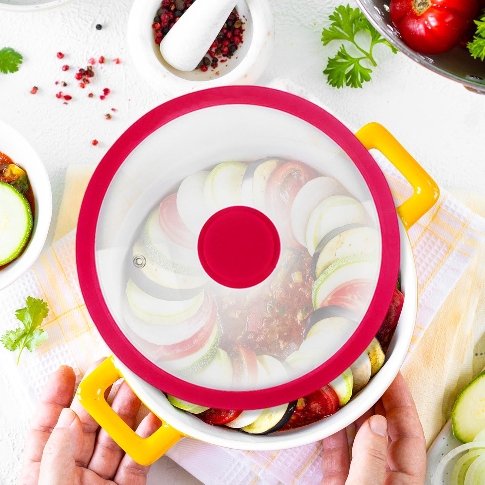 Tapa Universal Sartén Olla Tapa Silicona Vidrio Resistente Borde Antideslizante Válvula Ventilación Acero Inoxidable Adecuada para Uso Diario Y Chefs, Rojo, 33 Cm