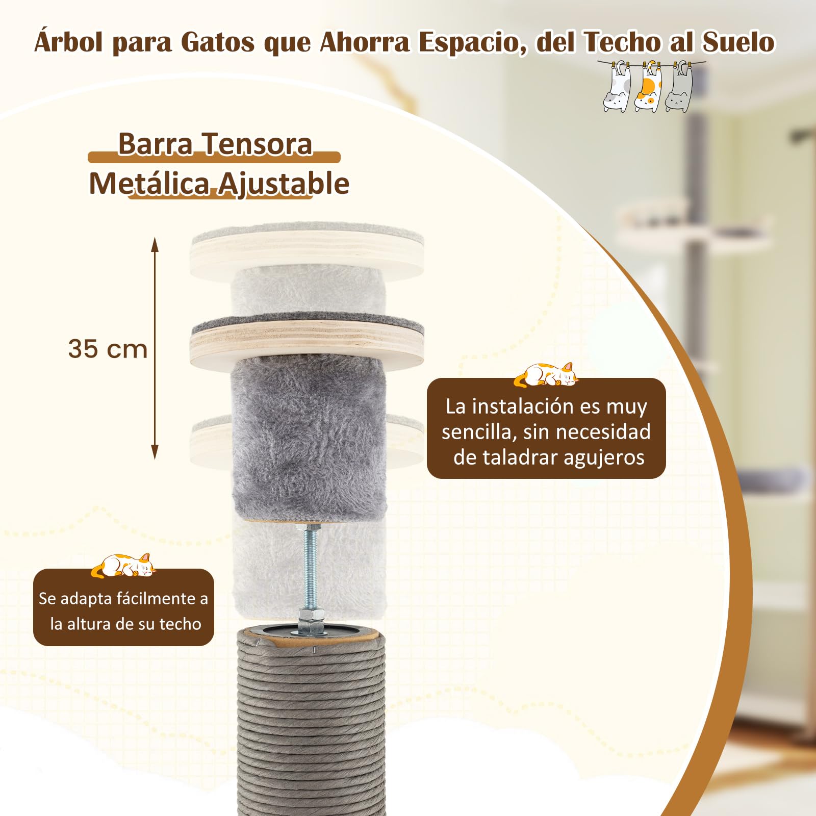 COSTWAY Árbol para Gatos del Suelo al Techo, Torre de Gatos de 5 Niveles Ajustable de 236-271 cm con 3 Plataformas y Hamaca, Base 48x48 cm, Postes Rascadores, Ideal para Gatitos, Gris