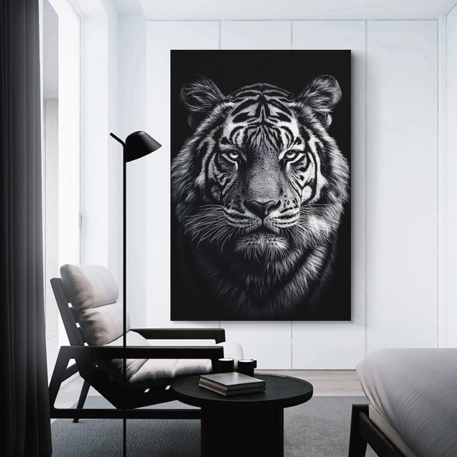 Junmoney Unframe-Style Monochrome Tiger Portrait Poster, Picture, Metal Print, Paint By Creed Room Decor Wall Art 24X36inch(60X90cm), For Entrance Walls, Hall Decor Or Foyers, A Neat Decor Update For Hallways
