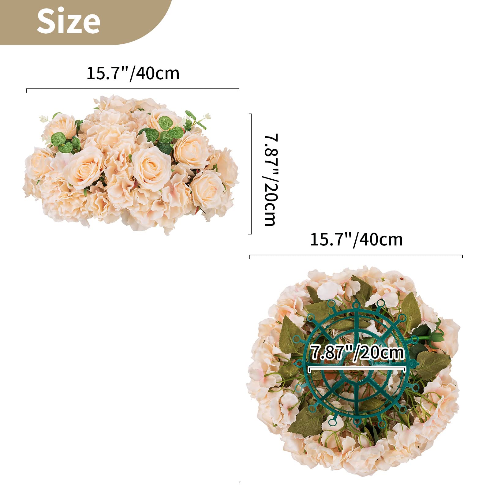 NUPTIO Centres de Table Fleuris 2 Boules Fleurs Artificielles 40cm Diamètre Champagne Bouquet Fleurs Artificielles Bouquet Fleurs Artificielles Fausse Rose pour Décoration Centre Table Mariage