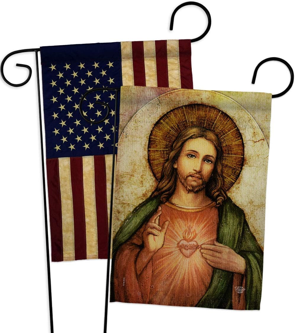 Catholic Gift Sacred Heart of Jesus with USA Flags Home Decor Religious Banner Faith Hope Grace Religion Easter Lawn Porch Outdoor Wall Tapestry Indoor House Banner Small Christian American July 4th Decoration Made In USA