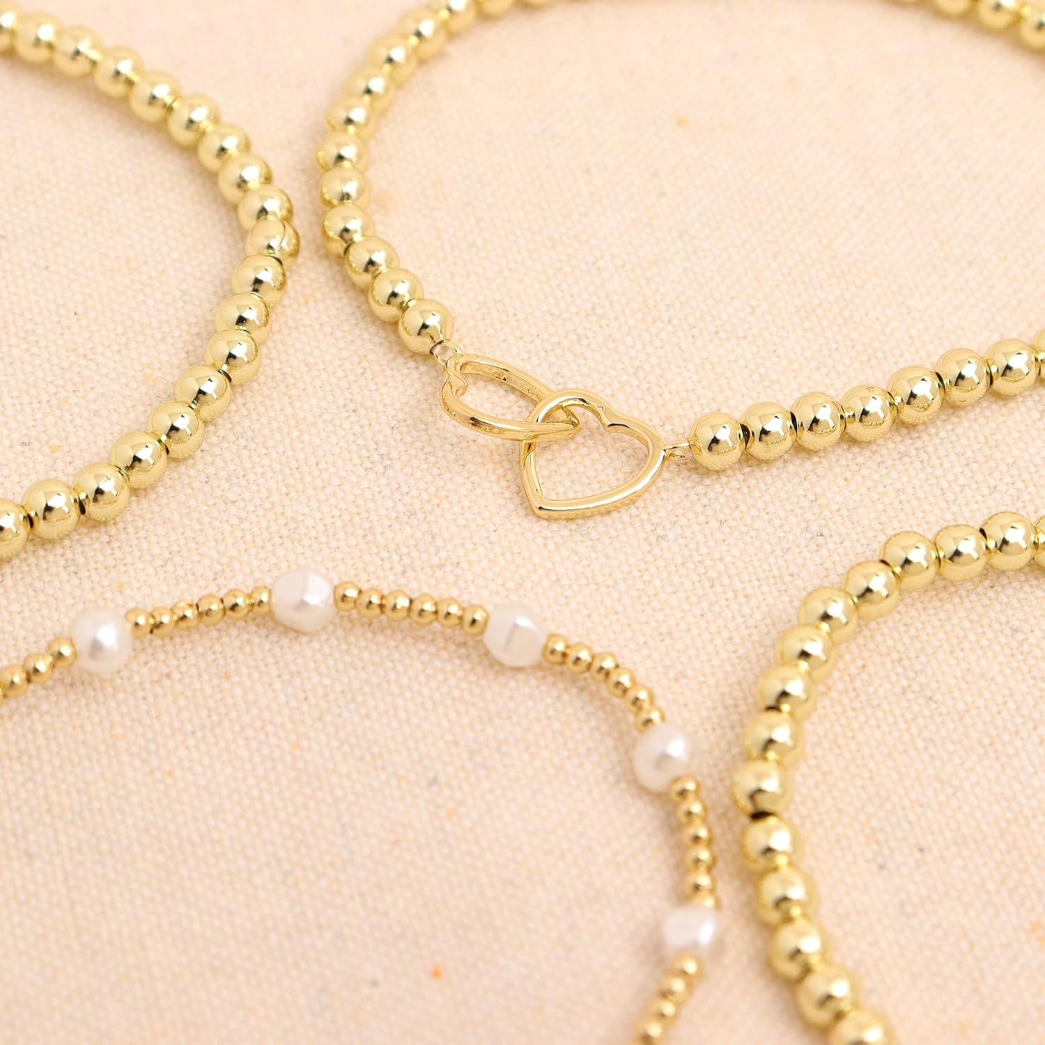 Gold Beaded Bow Heart Paperclip Pearls Stack Bracelet Set for Women, 4Pcs Handmade Golden Beads Pearl Stretchable Stackable Bracelets Party Jewelry Accessories Christmas Gift - Image 7