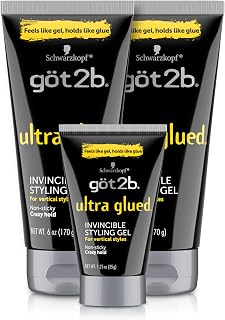 got2b Ultra Glued Invincible Styling Gel Set: 2x6oz + Travel Size | Extra Strong Hold, No-Flake, Non-Sticky for Spikes & Bold Styles