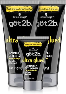 got2b Ultra Glued Invincible Styling Gel Set, 6 Fl Oz (2-Tube) + 1.25 Fl Oz Travel Size, Hair Gel for Men and Women with Extra Strong Hold, Non-Sticky, No-Flake Formula for Vertical Styles