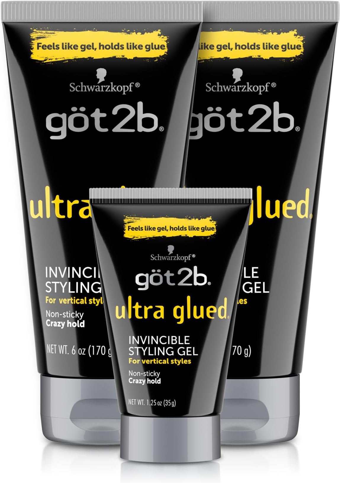 got2b Ultra Glued Invincible Styling Gel Set, 6 Fl Oz (2-Tube) + 1.25 Fl Oz Travel Size, Hair Gel for Men and Women with Extra Strong Hold, Non-Sticky, No-Flake Formula for Vertical Styles