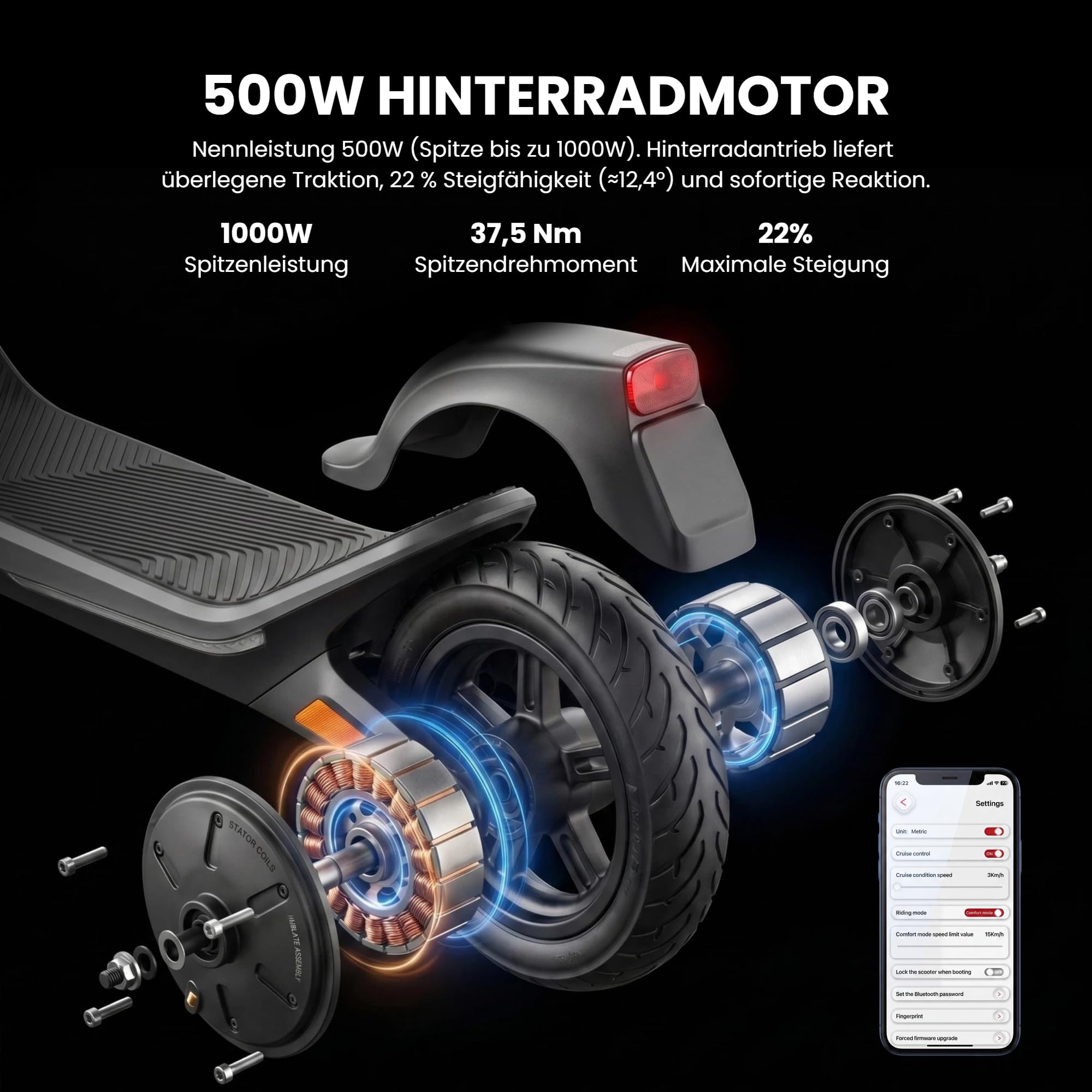 LAELIN RS-Serie E-Scooter mit Straßenzulassung und Fingerprint Sensor (20 km/h, bis zu 85km Reichweite, 45% Steigung, Schlauchlos, Dual-Bremsen, Display, App, TCS)