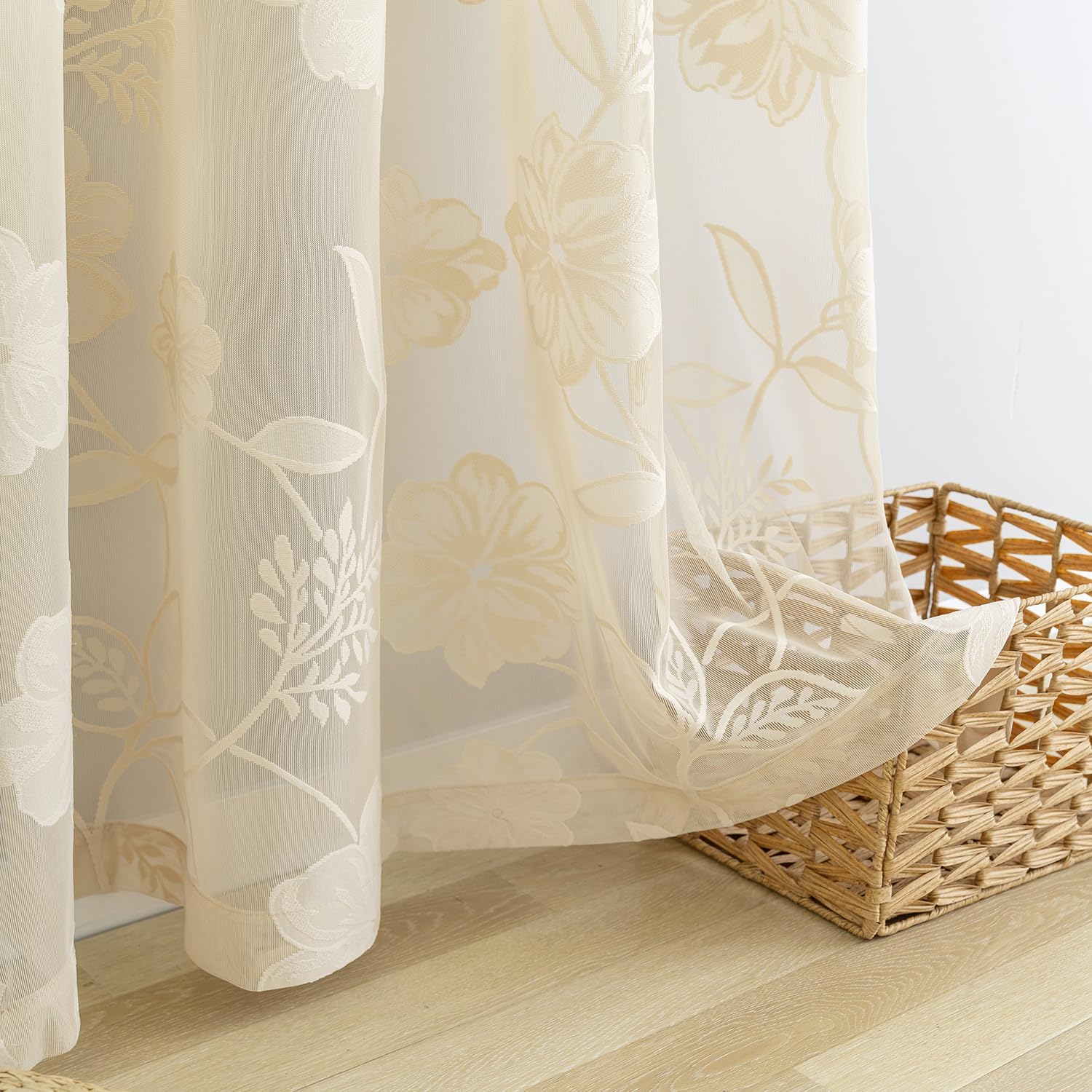 Ivory Sheer Lace Curtains for Bedroom Living Room Studio 84inch Long Vintage Rose Floral Embroidered Semi Sheer Curtain Panels Privacy Leaf Sheer Drapes with Scalloped Edge Beige, 54"w 2pcs 7ft