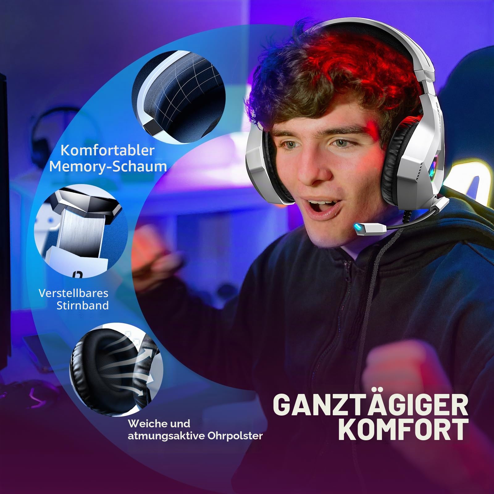 Ozeino Gaming-Headset für PS5, PC, PS4, RGB in 7 Farben, 50-mm-Treiber, Stereo, Bass, Mikrofon mit Geräuschunterdrückung, verstellbar, kompatibel mit Switch, Xbox Series X und S, Weiß