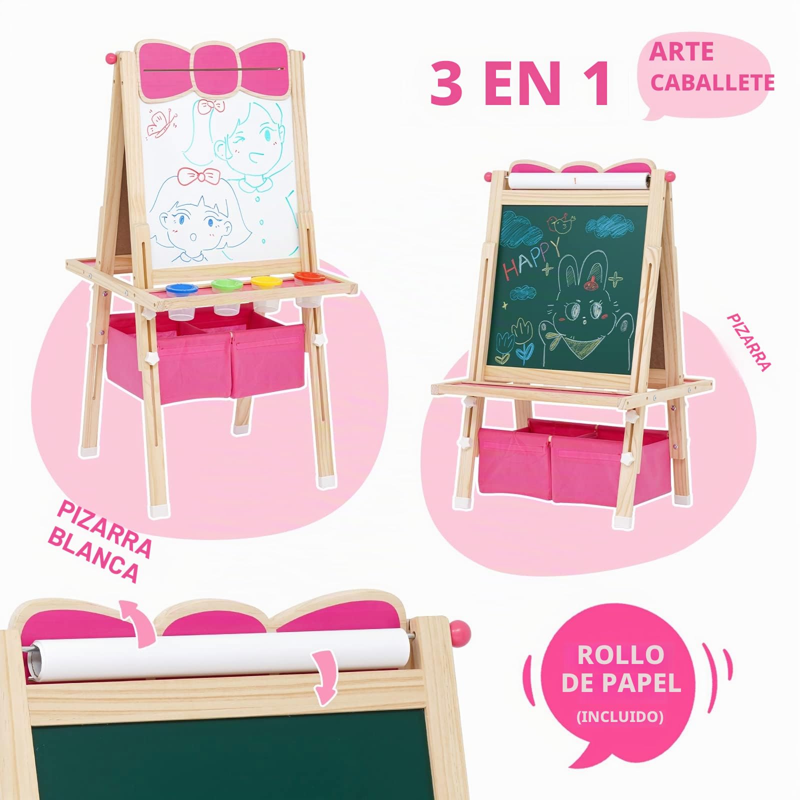 Caballete de Pintura Para niños de Madera,para Niños a Partir de 3 Años.Pizarra Infantil de Altura Regulable con Rollo de Papel,Pizarra,Pizarra Blanca,Set de Pintura y Bolsa de Almacenamiento.Rosa