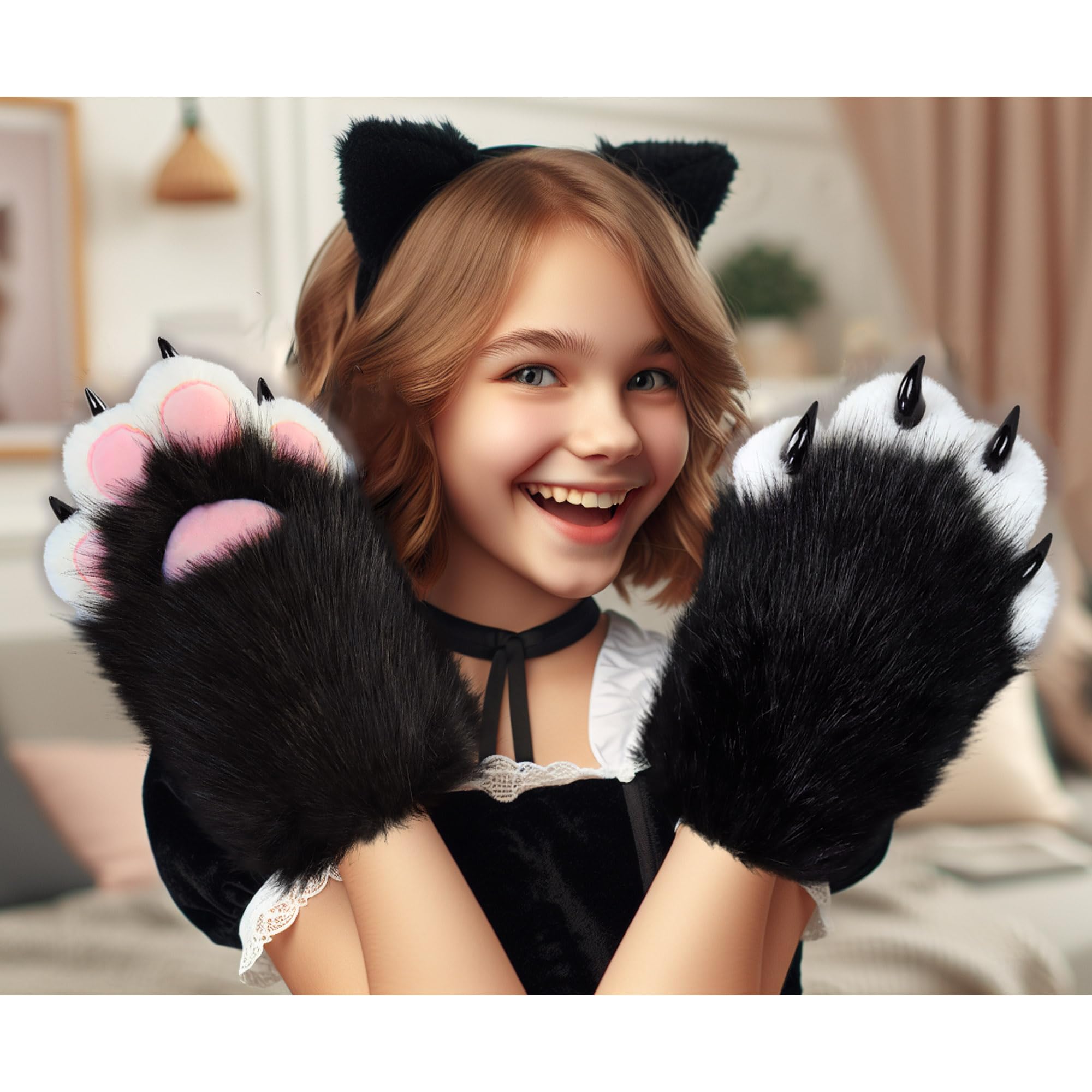 Therian Pfoten Pelzig Pfoten Kunstpelz Katzenpfoten Handschuhe, Therian Handschuhe mit Krallen, Fursuit Pelziges Kostüm Cosplay Katzen Wolf Fuchs Kostüm