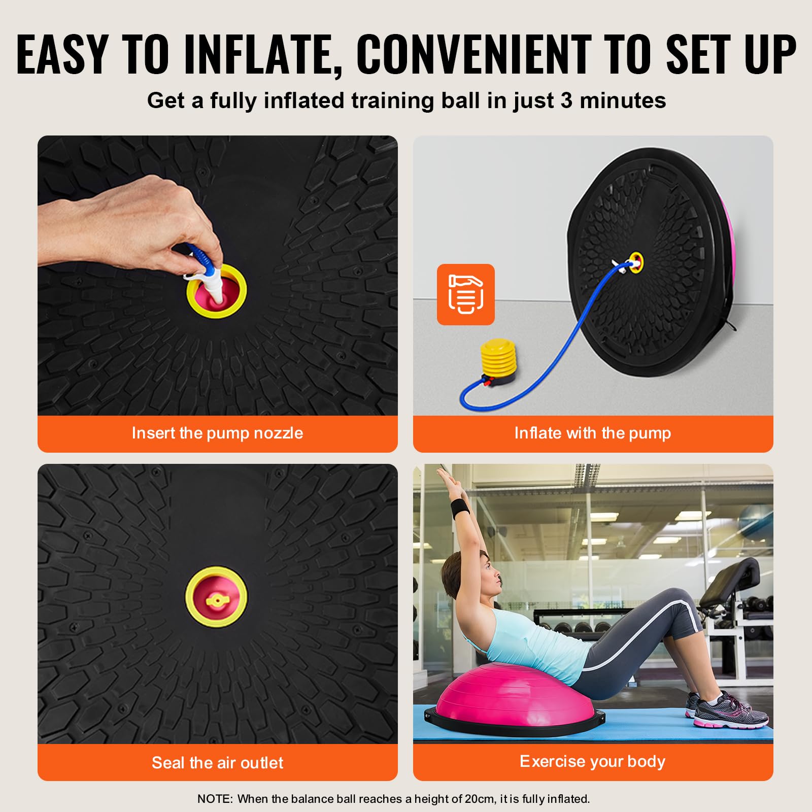 VEVOR Halb-Gymnastikball-Trainer, 66 cm Balance-Ball-Trainer, 680 kg Tragkraft Stabilitätsball, Yoga-Ball mit Widerstandsbändern & Fußpumpe, Yogaball Kraft-Fitnessball im Heim-Fitnessstudio, Rosa