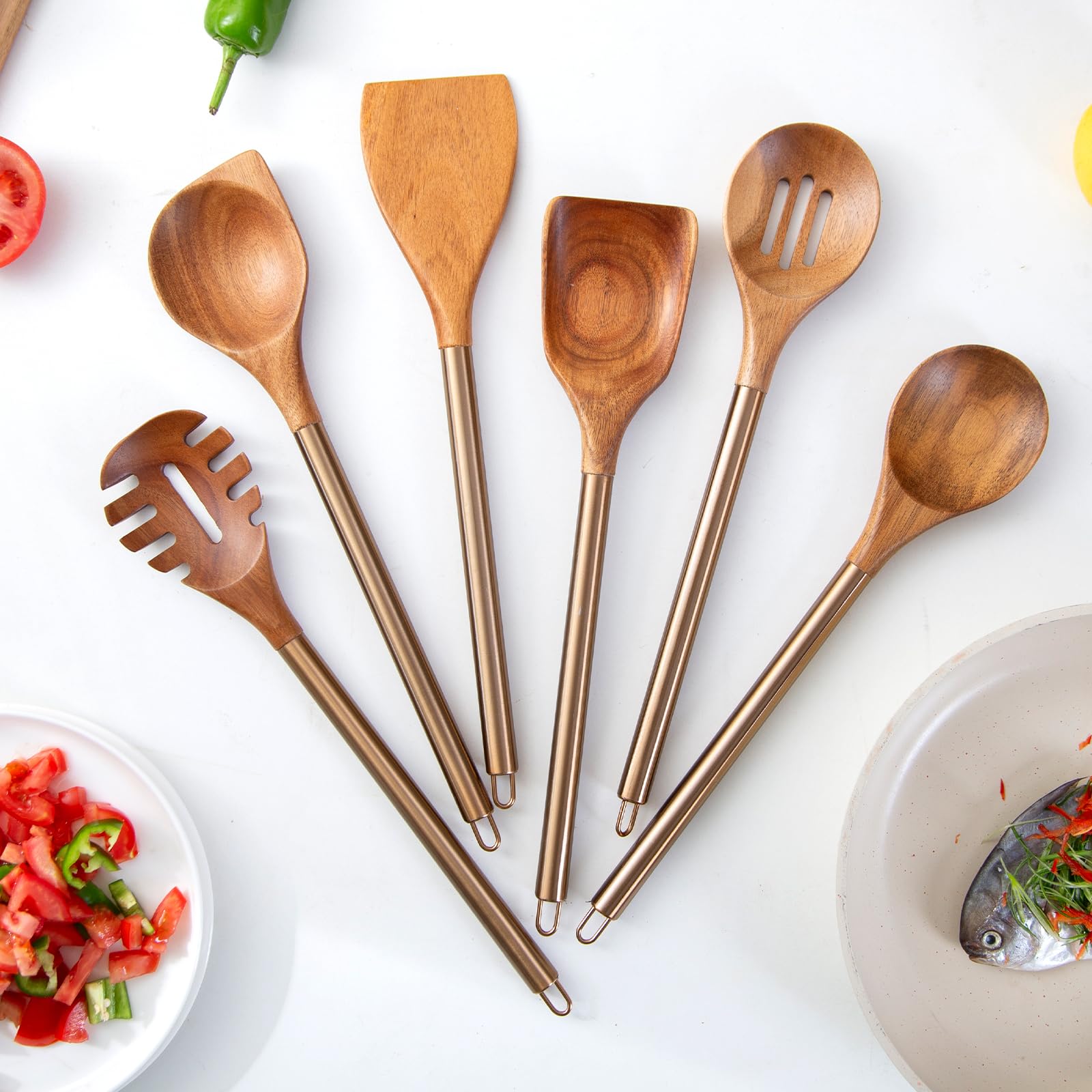 Utensilios de cocina de madera con mango de metal, juego de 6 utensilios de cocina, juego de espátulas de cucharas de madera, utensilios de cocina de 14 pulgadas de largo, espátulas de