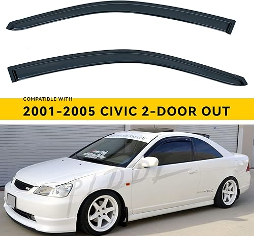 2 piezas compatibles con SunRain Guard 2001-2005 Honda Civic 2-Door Coupé montaje exterior puertas delanteras visores de ventana